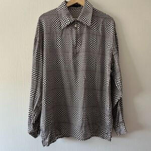 Creme De Silk Vintage Mens‎ Checkered Illusion Half Zip 100% Silk Shirt Large
